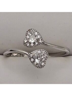Double Heart Ring Silver Tone Size 7 Adjustable